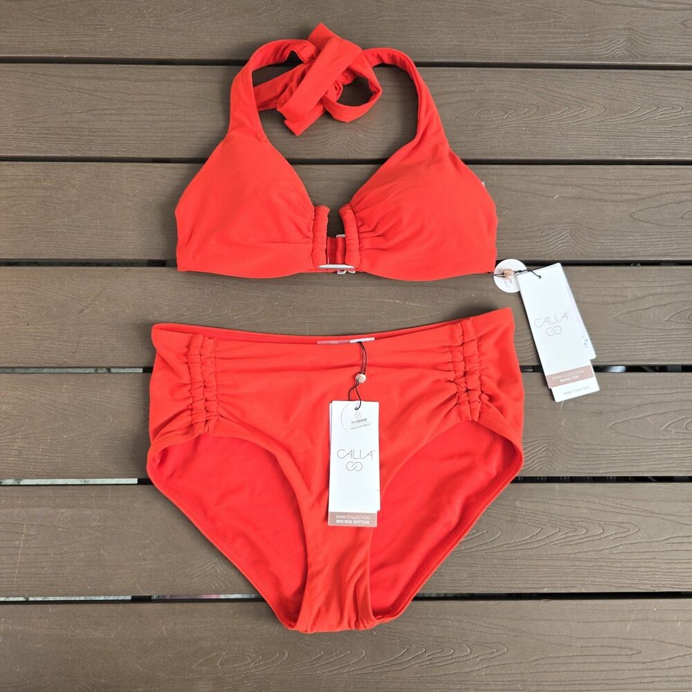 CALIA Women's Fresh Red U-bar Halter Top & Adjustable Tie Front Bikini Sz L New